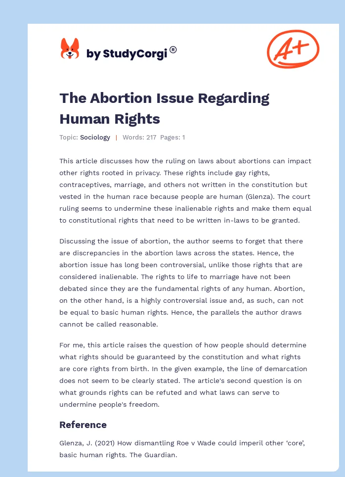 The Abortion Issue Regarding Human Rights. Page 1