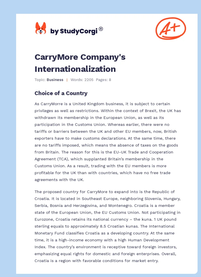 CarryMore Company's Internationalization. Page 1