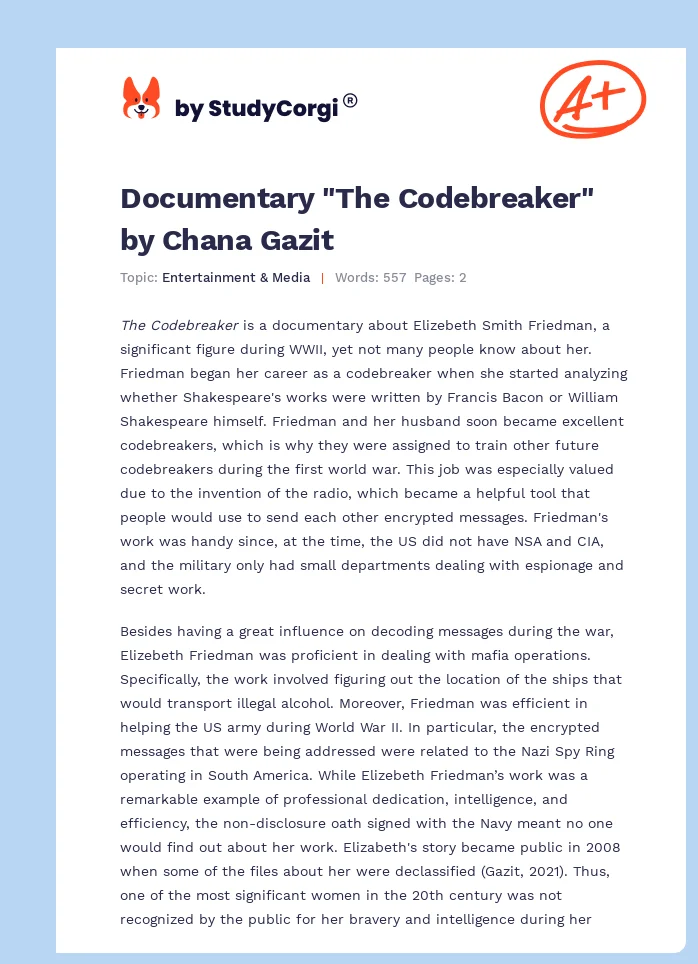 Documentary "The Codebreaker" by Chana Gazit. Page 1