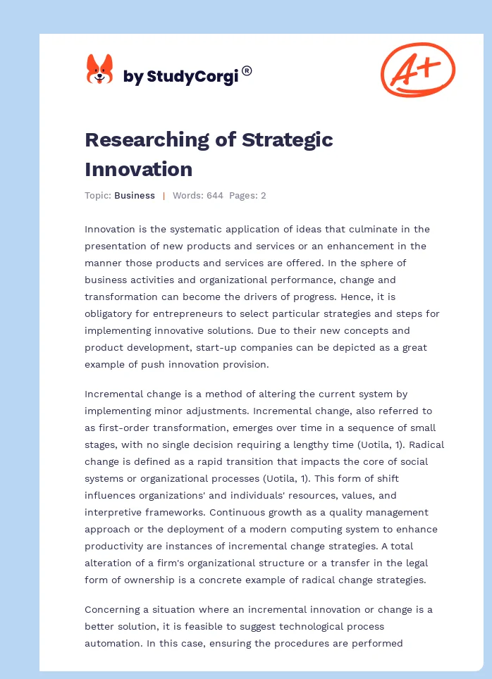Researching of Strategic Innovation. Page 1