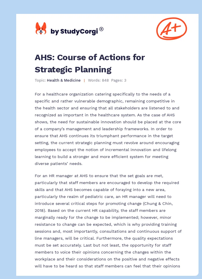AHS: Course of Actions for Strategic Planning. Page 1