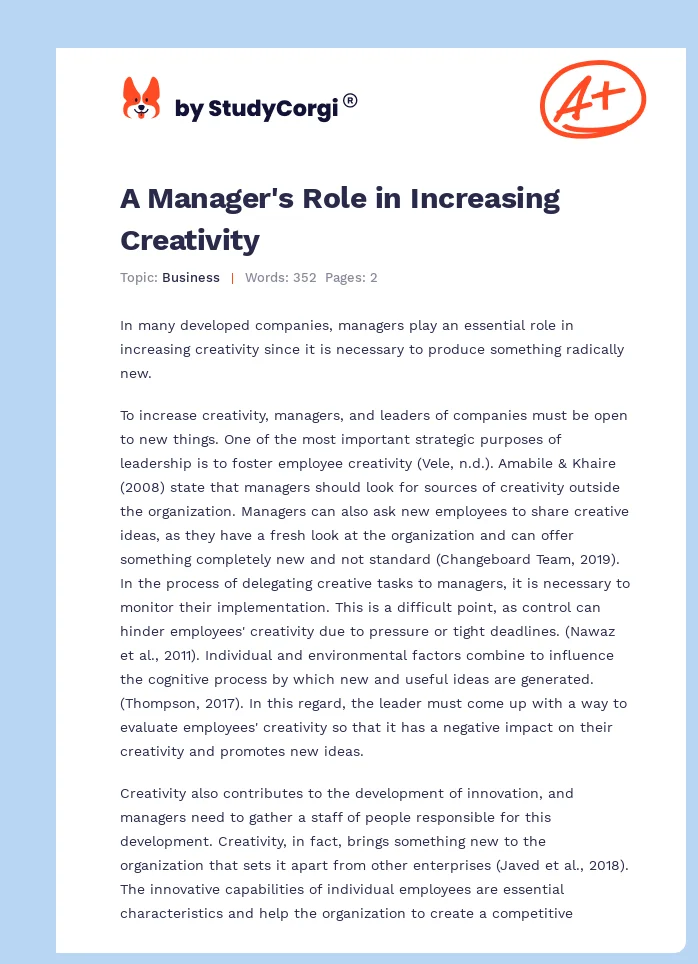 A Manager's Role in Increasing Creativity. Page 1