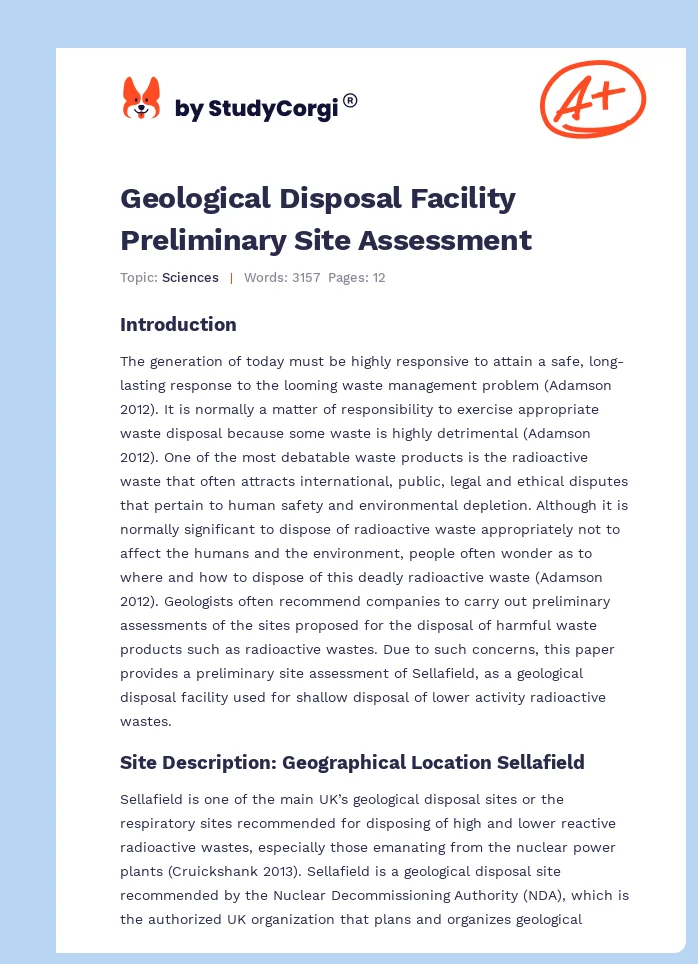 Geological Disposal Facility Preliminary Site Assessment. Page 1