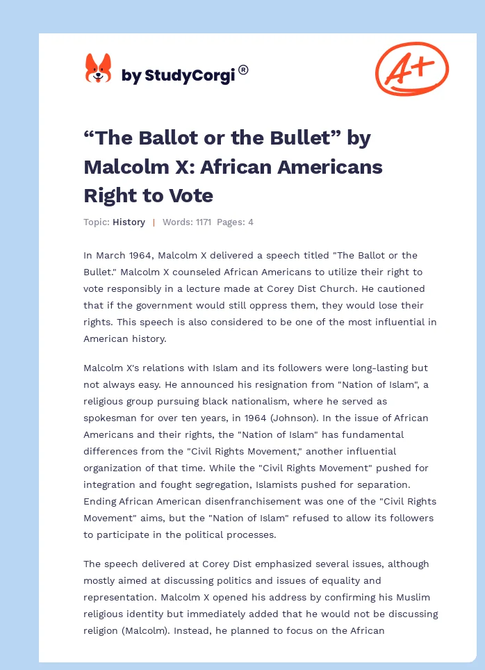 “The Ballot or the Bullet” by Malcolm X: African Americans Right to Vote. Page 1