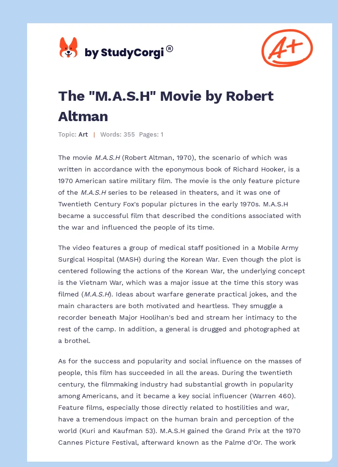 The "M.A.S.H" Movie by Robert Altman. Page 1