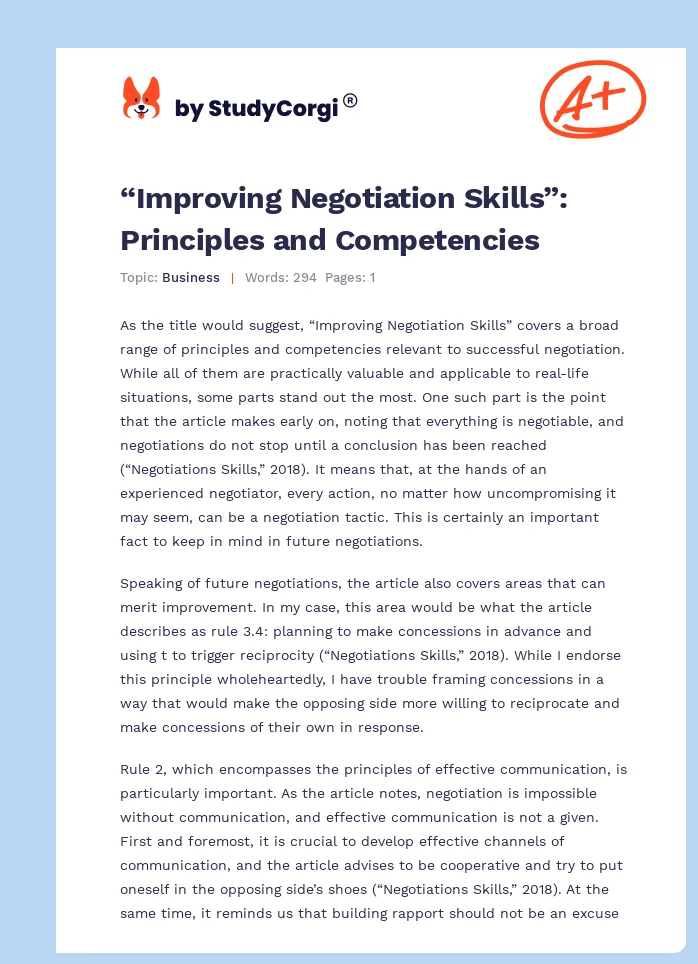 “Improving Negotiation Skills”: Principles and Competencies. Page 1