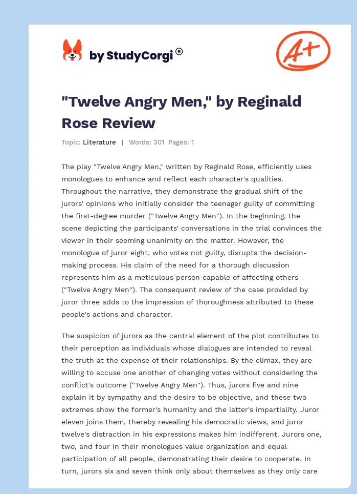 "Twelve Angry Men," by Reginald Rose Review. Page 1