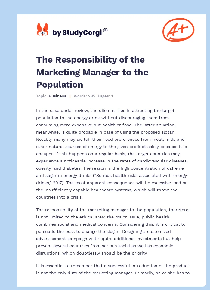The Responsibility of the Marketing Manager to the Population. Page 1