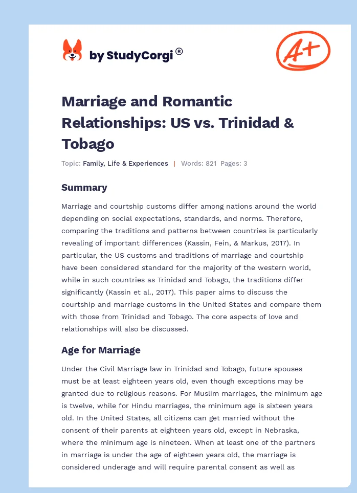 Marriage and Romantic Relationships: US vs. Trinidad & Tobago. Page 1