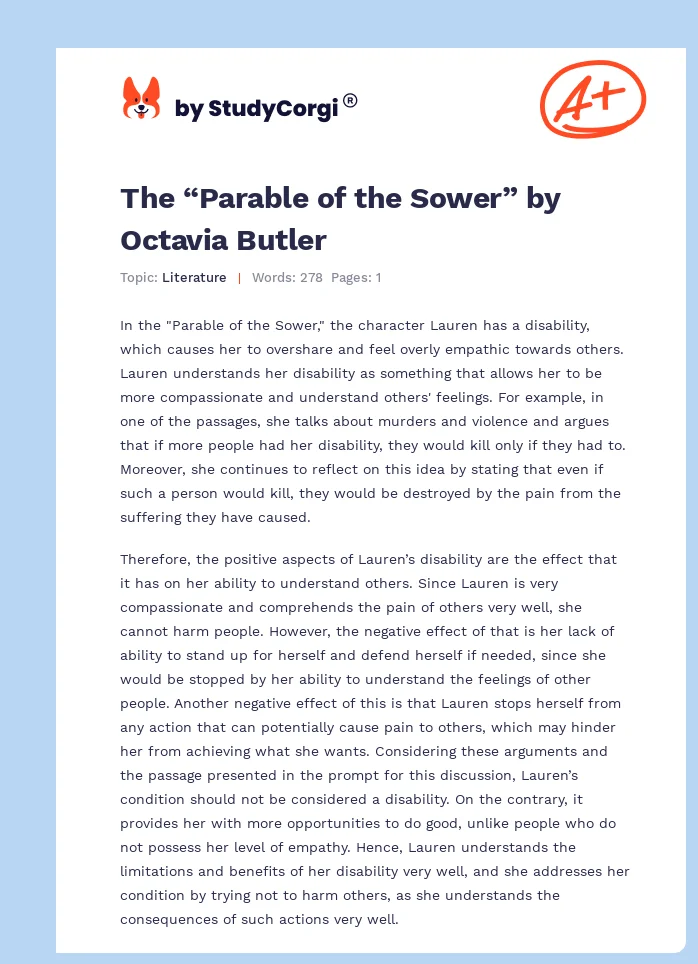 The “Parable of the Sower” by Octavia Butler. Page 1