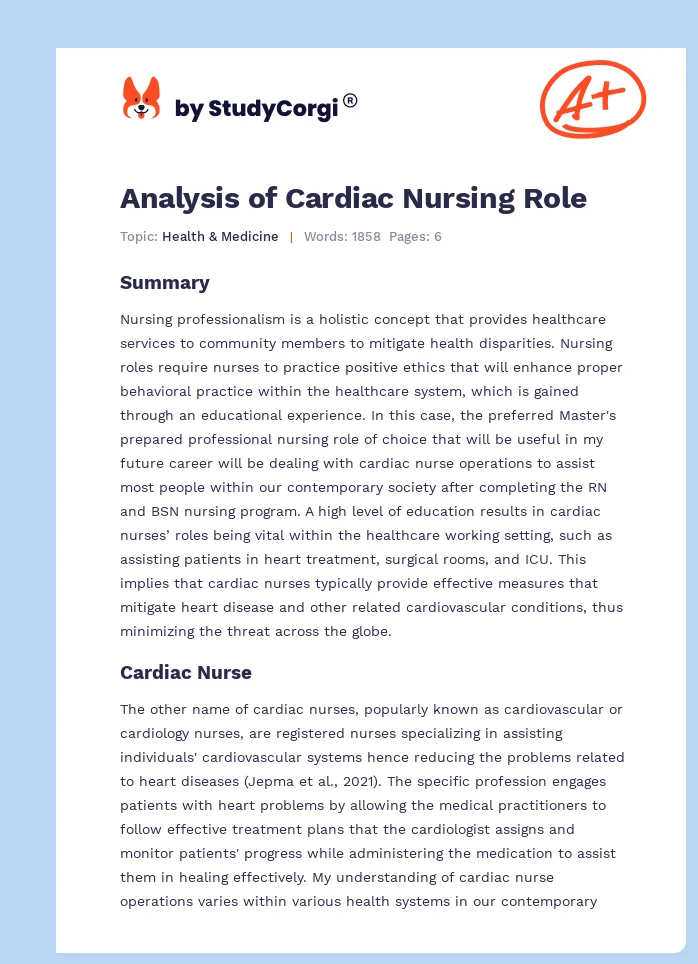 Analysis of Cardiac Nursing Role. Page 1