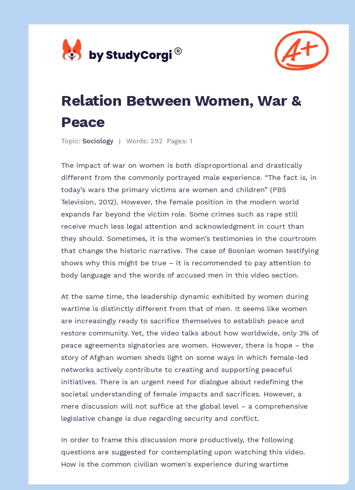 Relation Between Women, War & Peace. Page 1