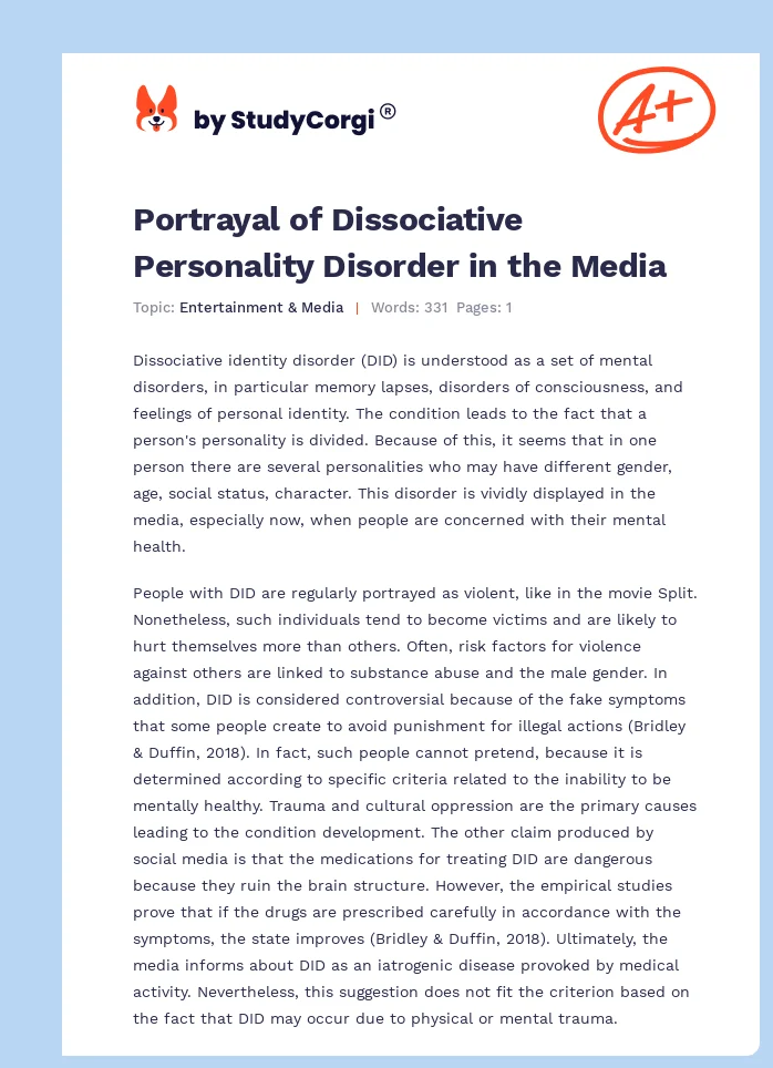 Portrayal of Dissociative Personality Disorder in the Media. Page 1