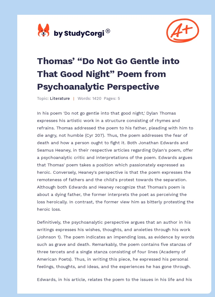 Thomas’ “Do Not Go Gentle into That Good Night” Poem from Psychoanalytic Perspective. Page 1