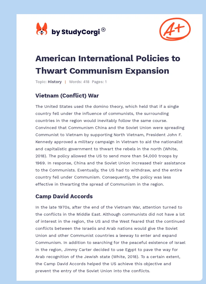 American International Policies to Thwart Communism Expansion. Page 1