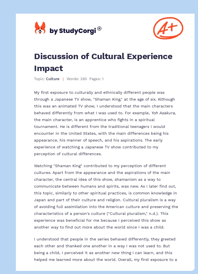 Discussion of Cultural Experience Impact. Page 1