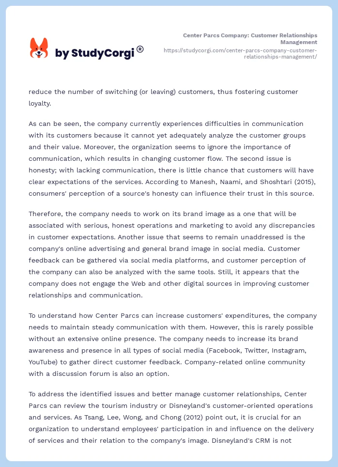 Center Parcs Company: Customer Relationships Management. Page 2