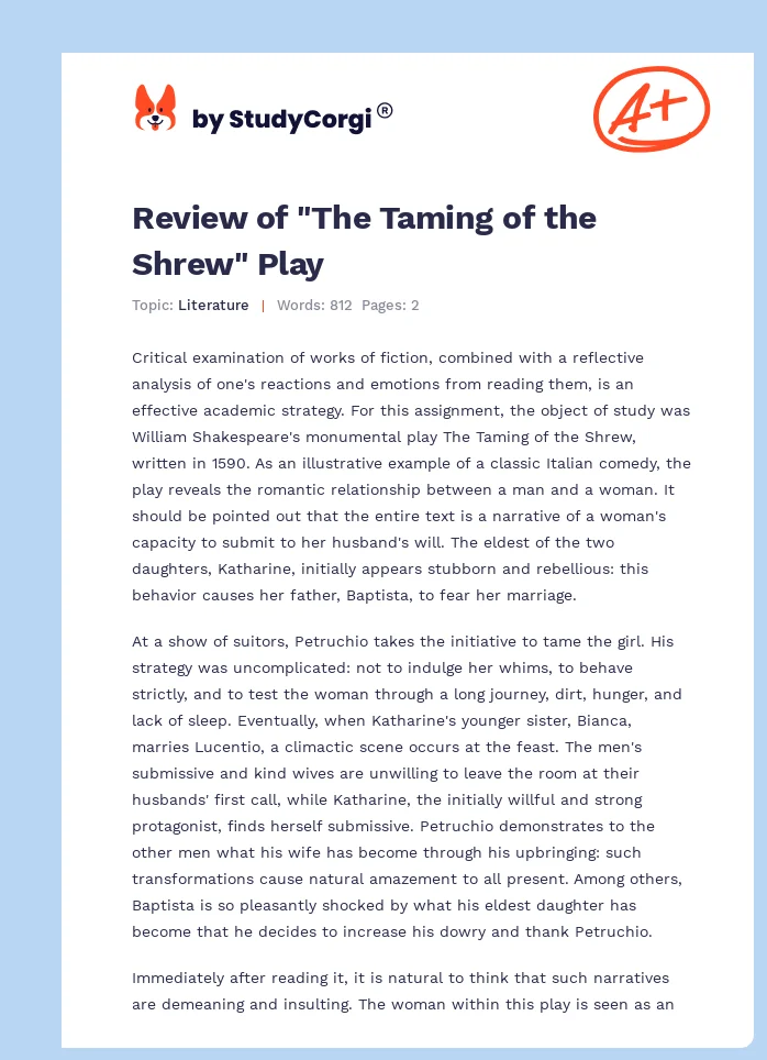 Review of "The Taming of the Shrew" Play. Page 1