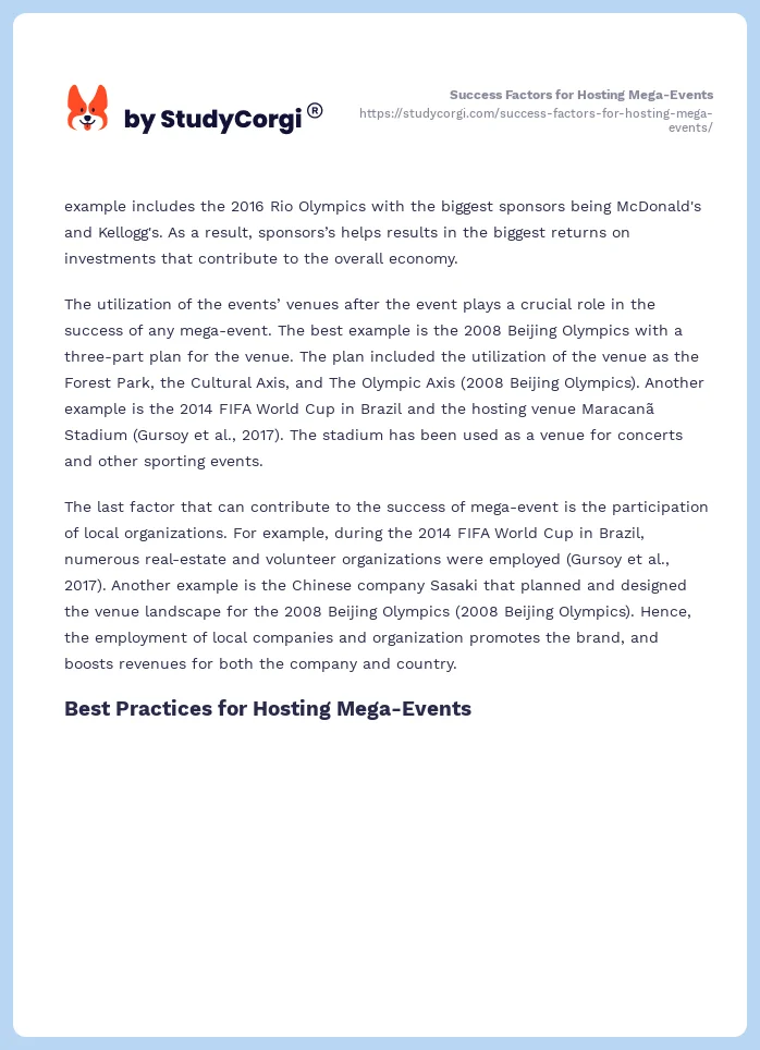 Success Factors for Hosting Mega-Events. Page 2