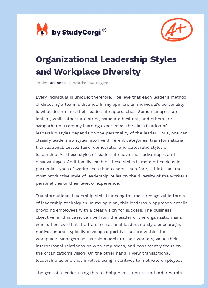 Organizational Leadership Styles and Workplace Diversity. Page 1
