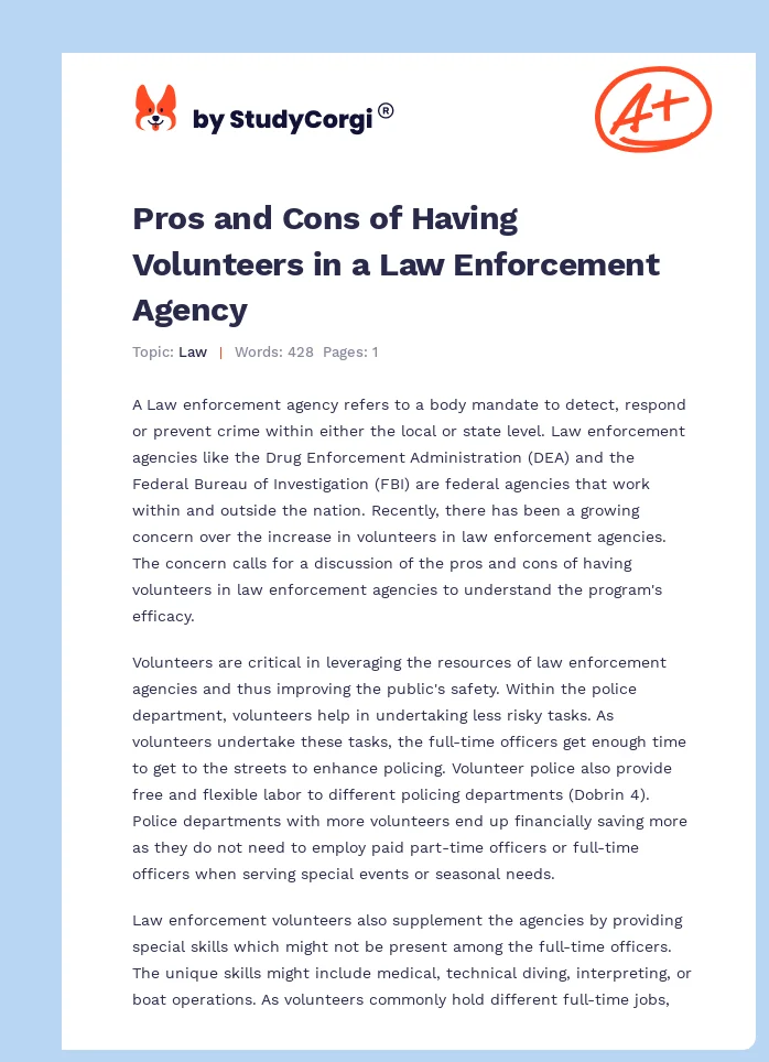Pros and Cons of Having Volunteers in a Law Enforcement Agency. Page 1