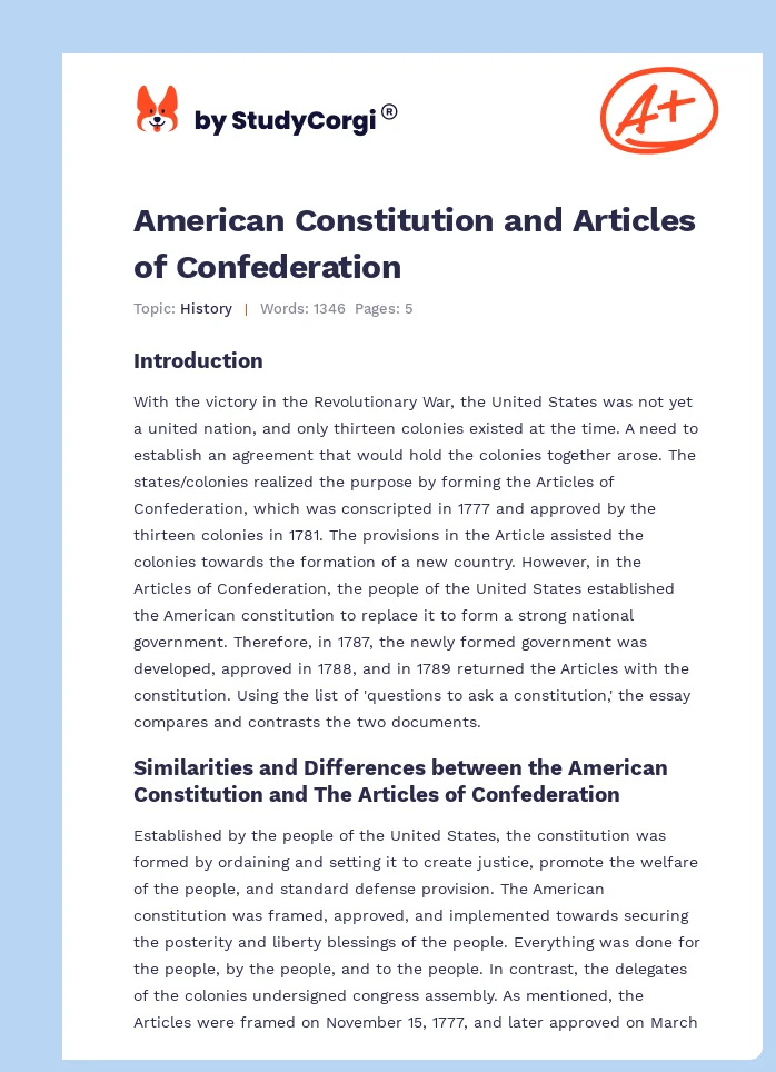 American Constitution and Articles of Confederation. Page 1