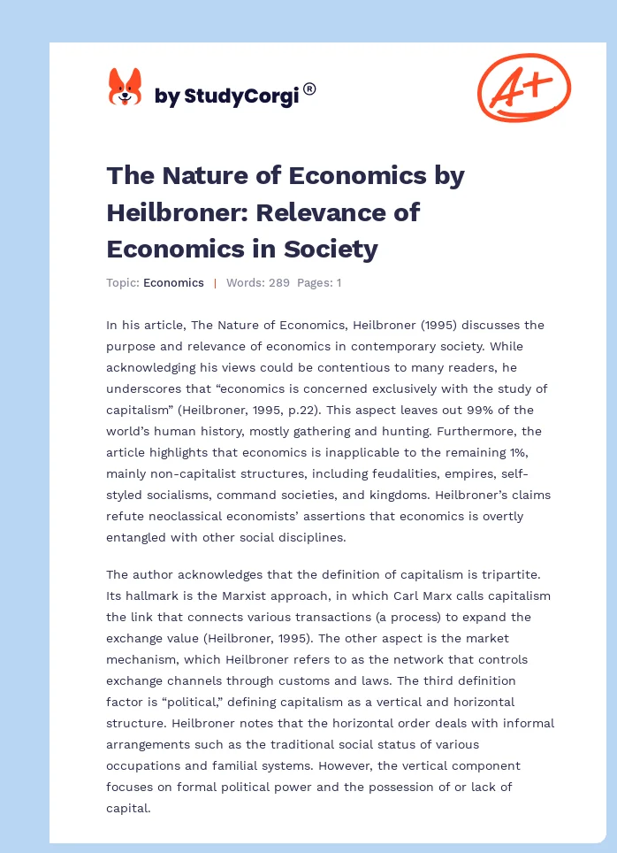 The Nature of Economics by Heilbroner: Relevance of Economics in Society. Page 1