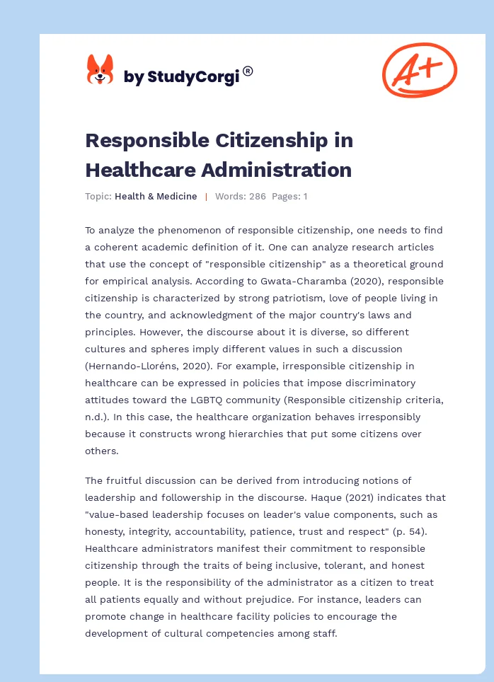 Responsible Citizenship in Healthcare Administration. Page 1