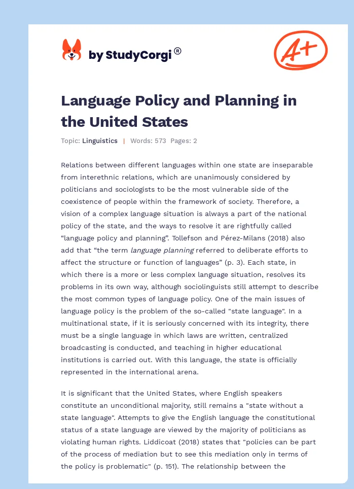 Language Policy and Planning in the United States. Page 1