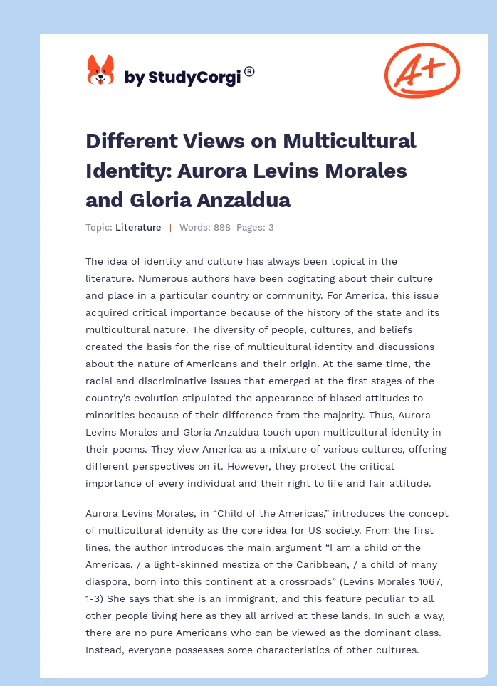Different Views on Multicultural Identity: Aurora Levins Morales and Gloria Anzaldua. Page 1
