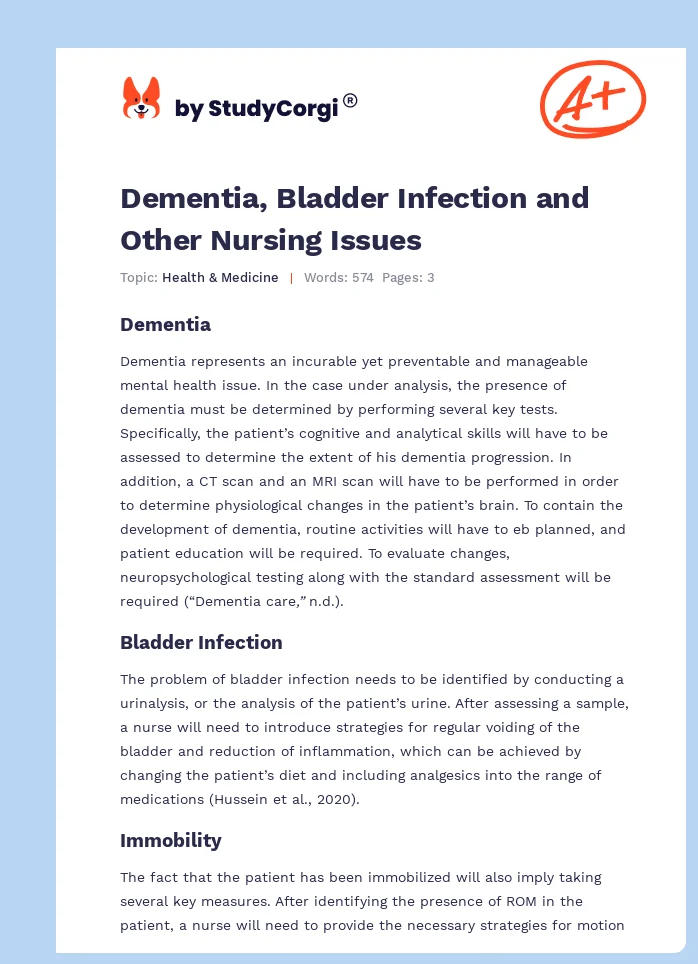 Dementia, Bladder Infection and Other Nursing Issues. Page 1