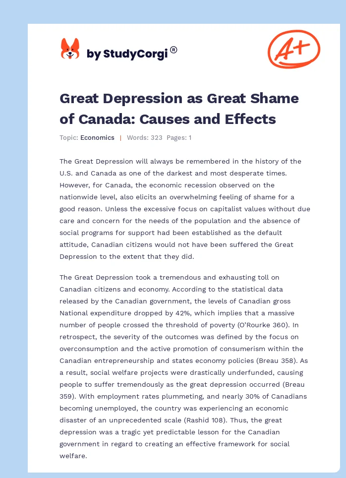 Great Depression as Great Shame of Canada: Causes and Effects. Page 1