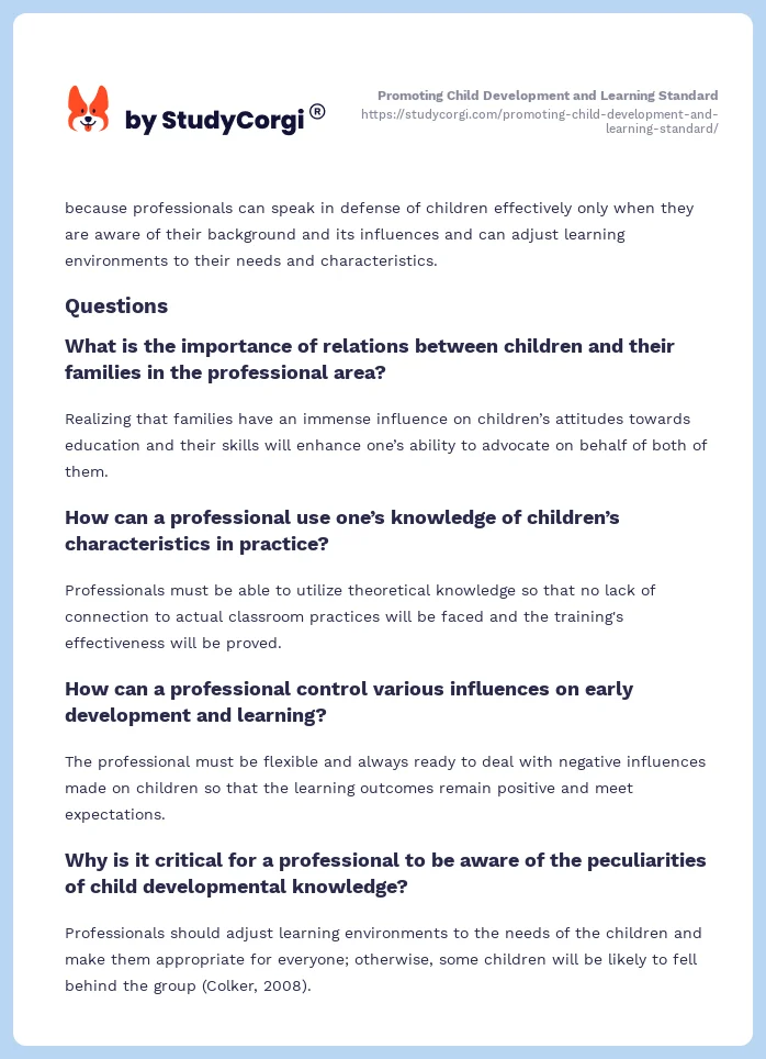 Promoting Child Development and Learning Standard. Page 2