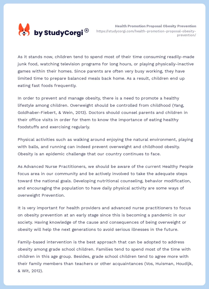 Health Promotion Proposal Obesity Prevention. Page 2