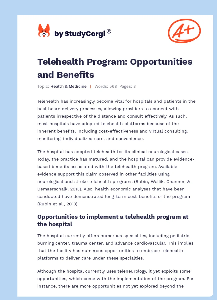 Telehealth Program: Opportunities and Benefits. Page 1