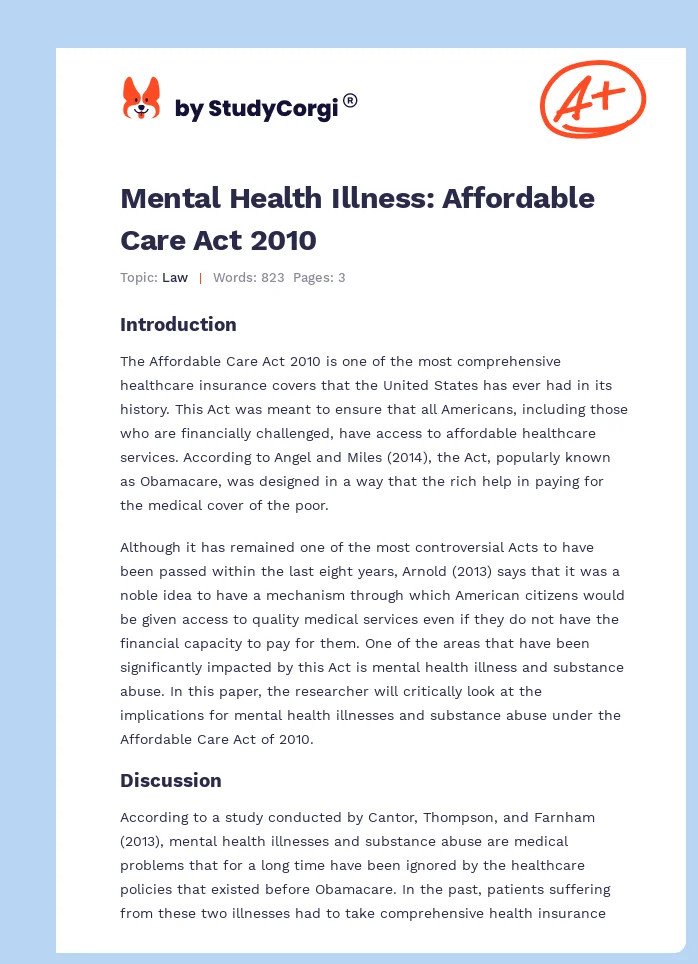 Mental Health Illness: Affordable Care Act 2010. Page 1