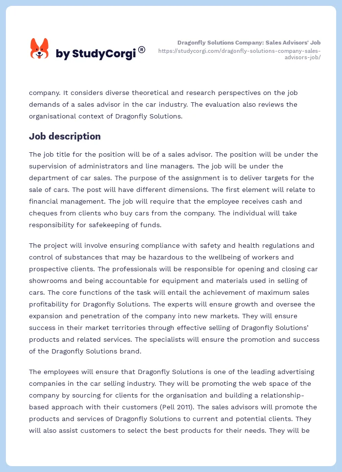 Dragonfly Solutions Company: Sales Advisors' Job. Page 2