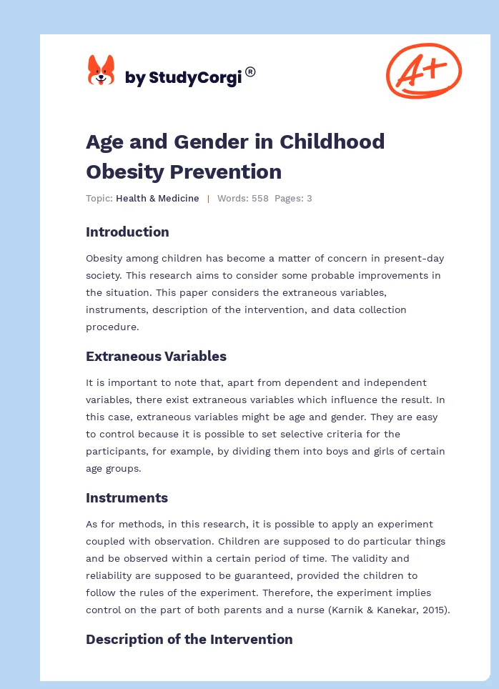 Age and Gender in Childhood Obesity Prevention. Page 1