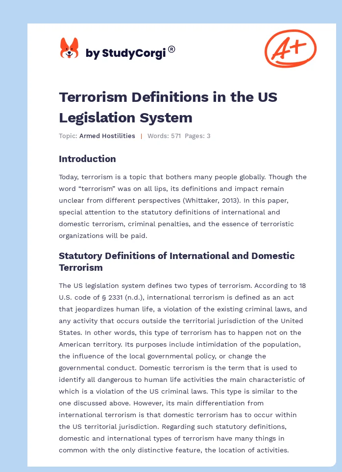 Terrorism Definitions in the US Legislation System. Page 1