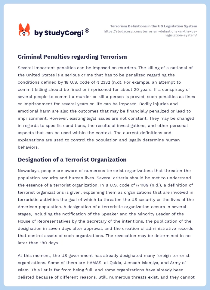 Terrorism Definitions in the US Legislation System. Page 2
