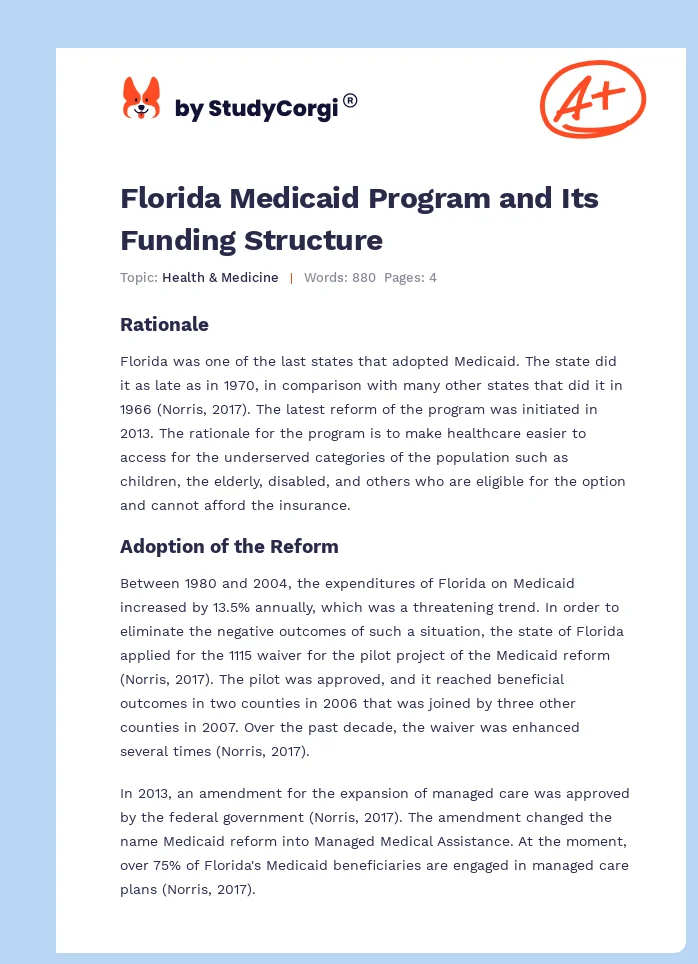 Florida Medicaid Program and Its Funding Structure. Page 1