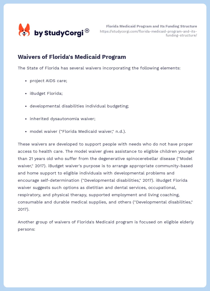 Florida Medicaid Program and Its Funding Structure. Page 2