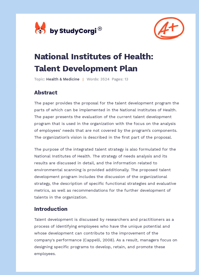 National Institutes of Health: Talent Development Plan. Page 1