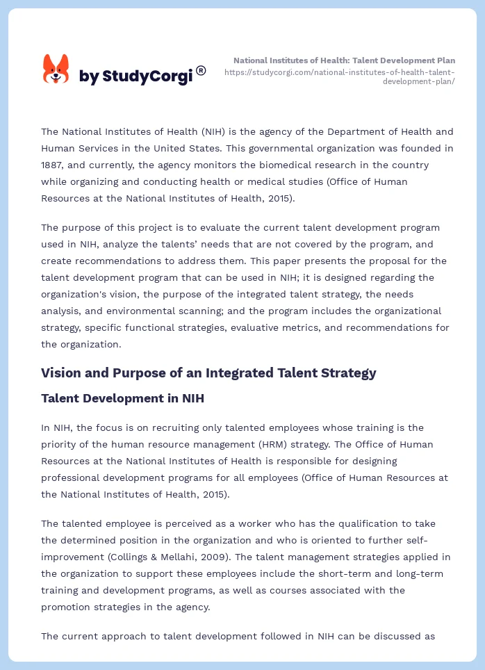 National Institutes of Health: Talent Development Plan. Page 2