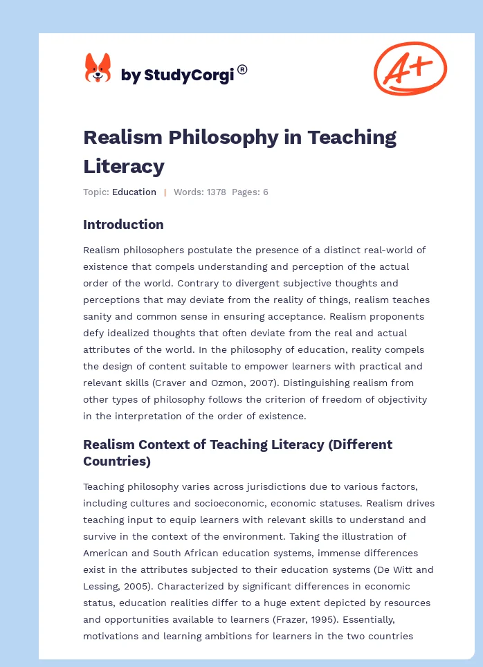 Realism Philosophy in Teaching Literacy. Page 1