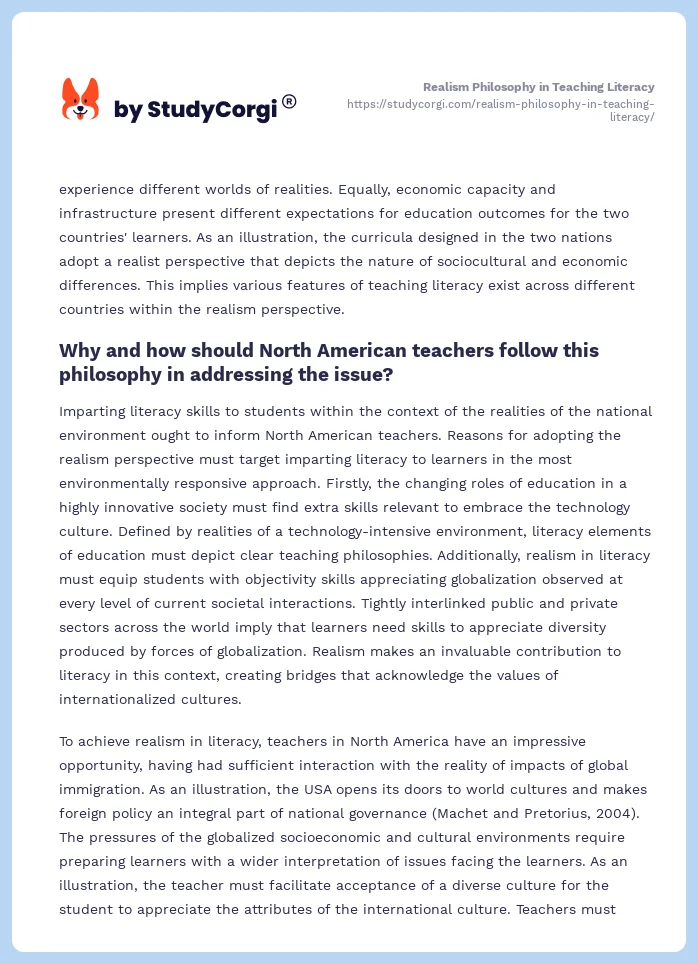 Realism Philosophy in Teaching Literacy. Page 2