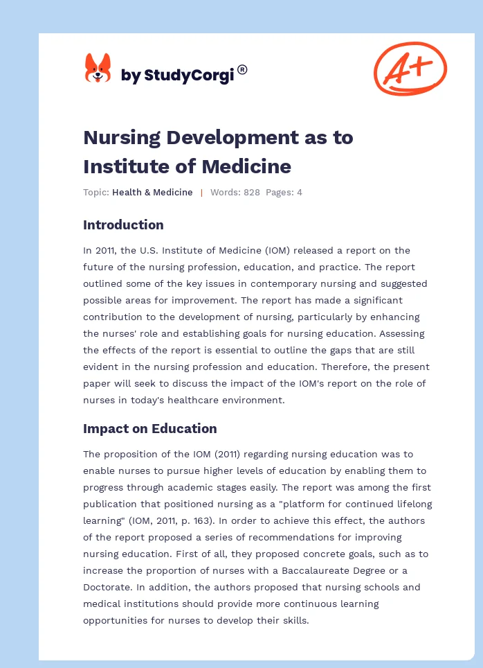Nursing Development as to Institute of Medicine. Page 1