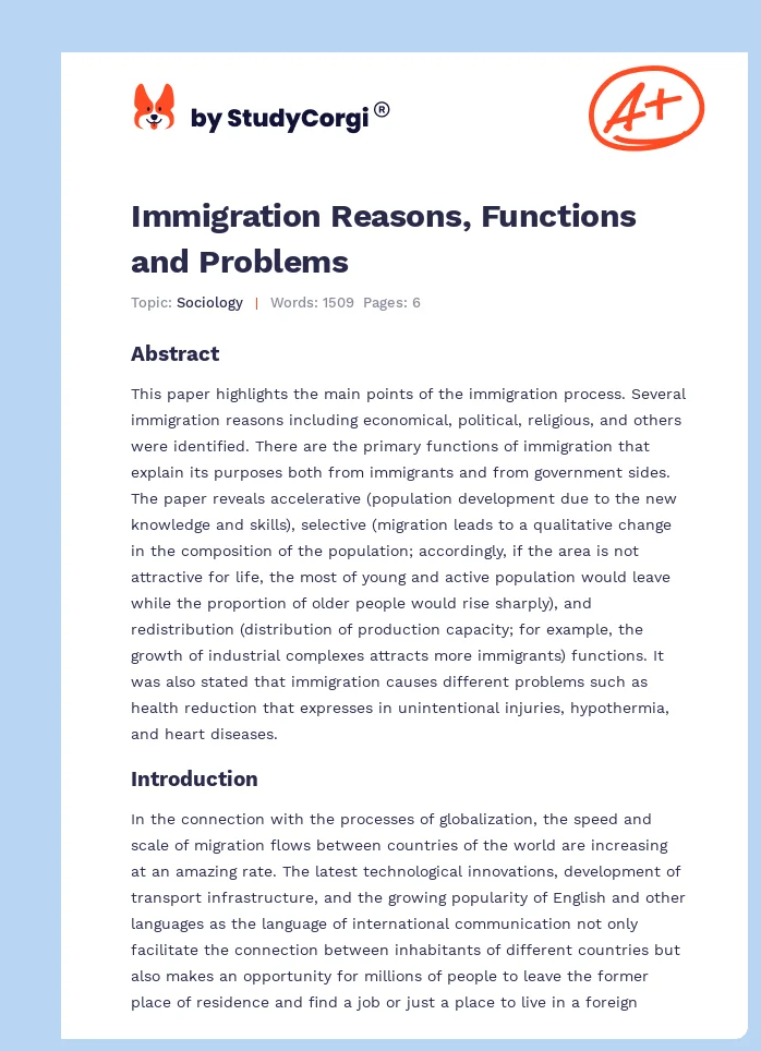 Immigration Reasons, Functions and Problems. Page 1