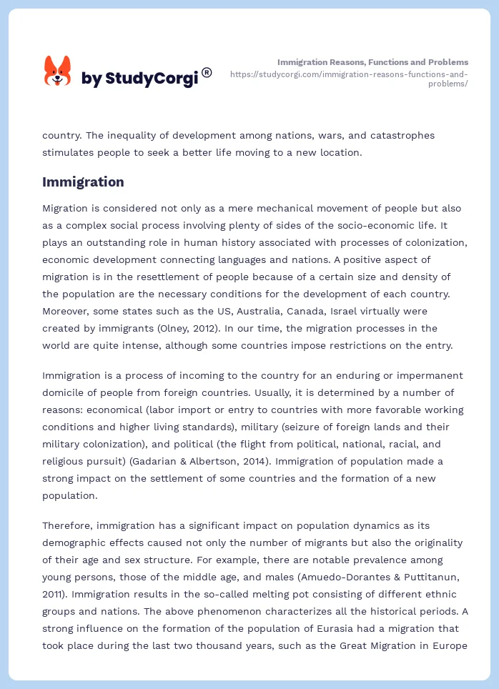 Immigration Reasons, Functions and Problems. Page 2