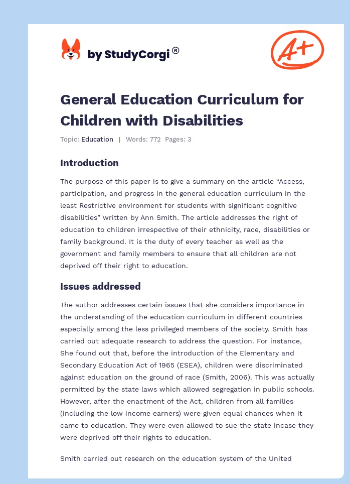 General Education Curriculum for Children with Disabilities. Page 1